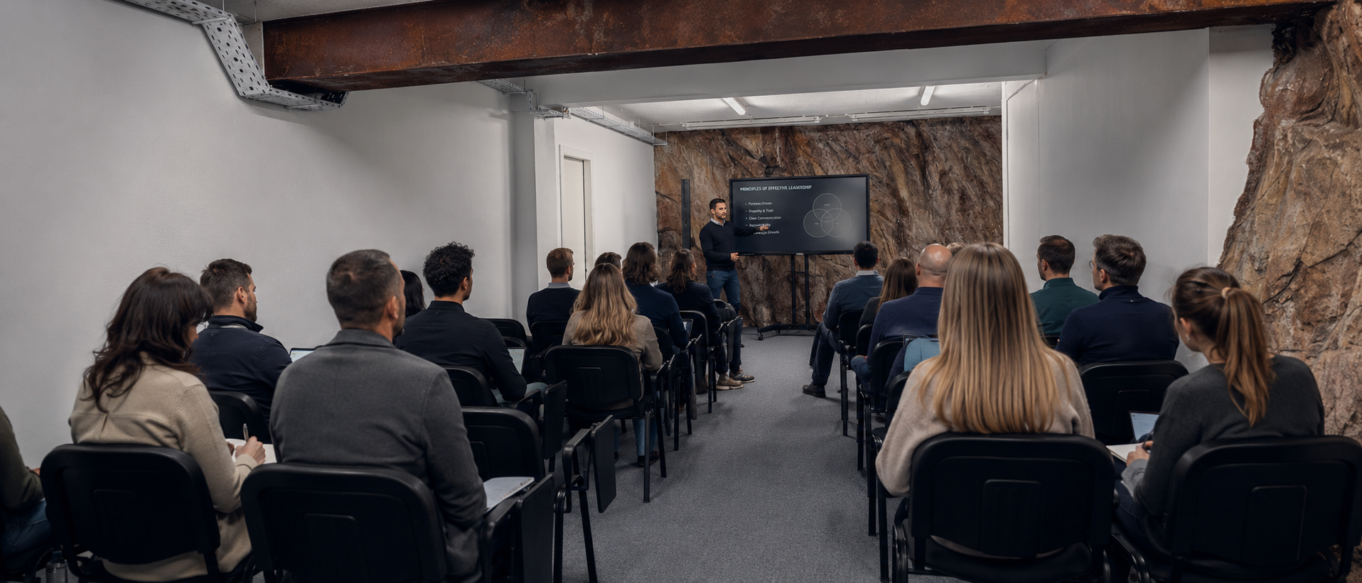 IDN HUB · Auditório com parede em pedra
